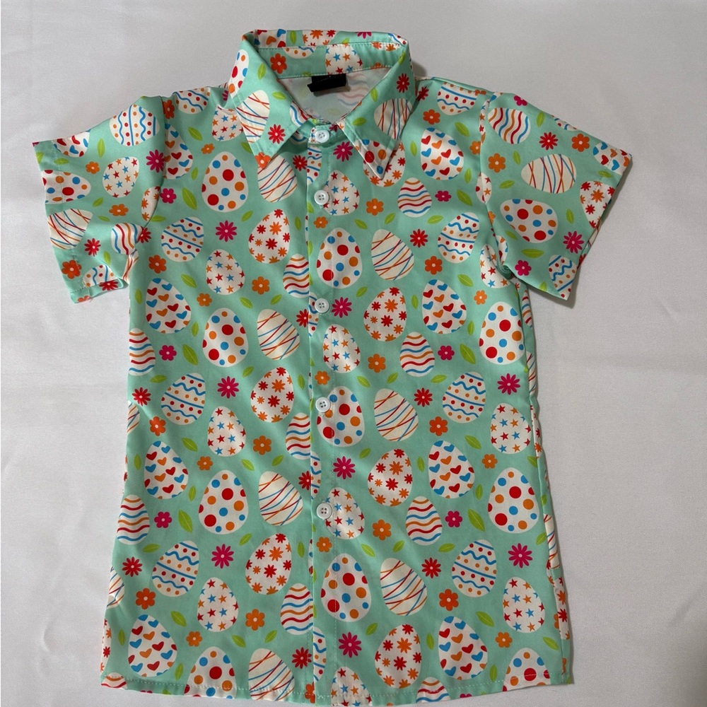 Kids Mint Short Sleeve Button-Up Shirt with Easter Egg Print